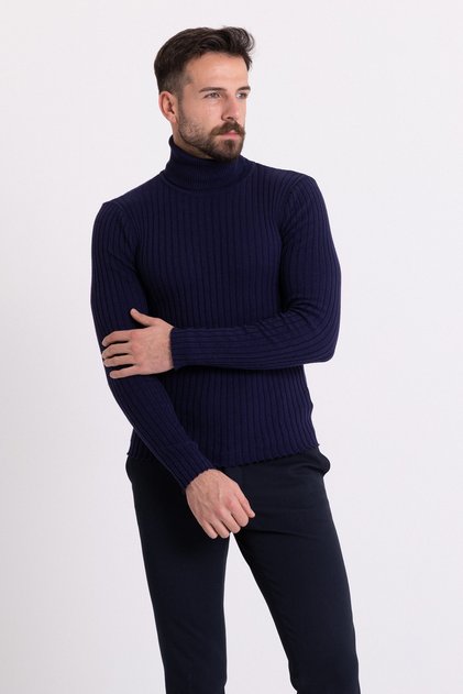 Striped Slim Fit Full Turtleneck Men's Knitwear Sweater Navy Blue - 11321.19K