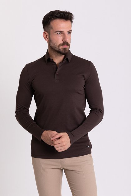 تي شيرت رجالي بقصة ضيقة وأكمام طويلة وياقة بولو، بني - 36672.21K