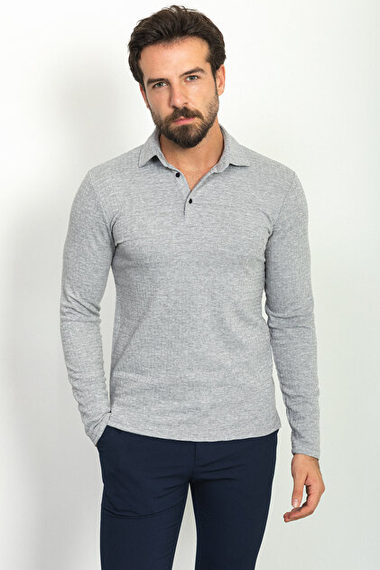 Desenli Slim Fit Polo Yaka Uzun Kollu Erkek T-Shirt Gri - 36758.22K