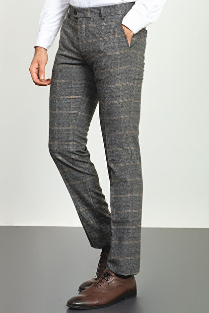 Ekoseli Slim Fit Klasik Yün Erkek Pantolon Siyah-Bej - 38111.22K
