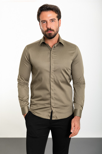 Düz Slim Fit Polikort Yaka Klasik Erkek Gömlek Haki - 37445.21K