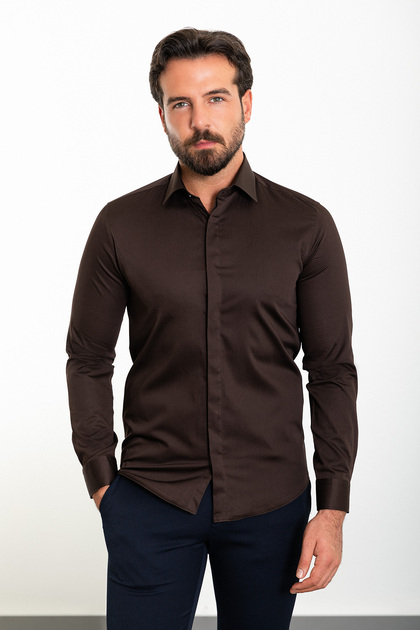 Plain Slim Fit Polycort Collar Classic Men's Shirt Coffee - 37445.21K