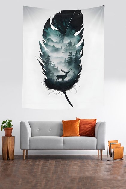 Landscape Details in Bird Feather Deer Stain Resistant Fabric Wall Cover Wall Tapestry Tapestry