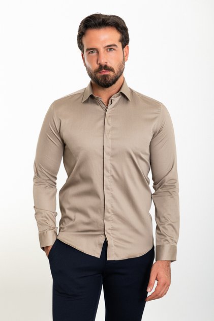 Düz Slim Fit Polikort Yaka Klasik Erkek Gömlek Vizon - 37445.21K