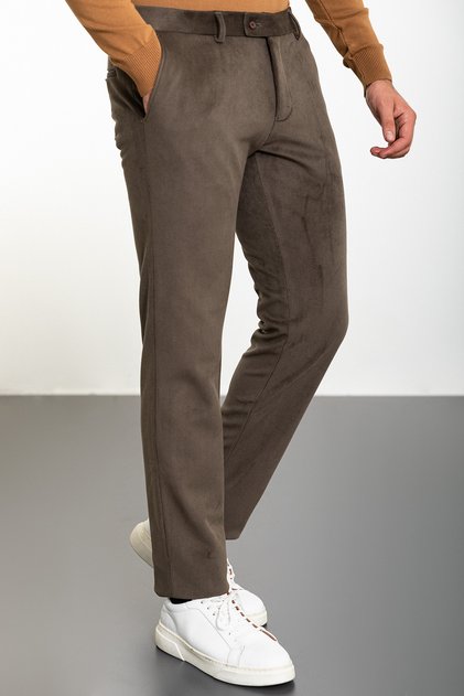 Pantaloni pentru bărbați din catifea slim fit cu dungi kaki - 38218.23K