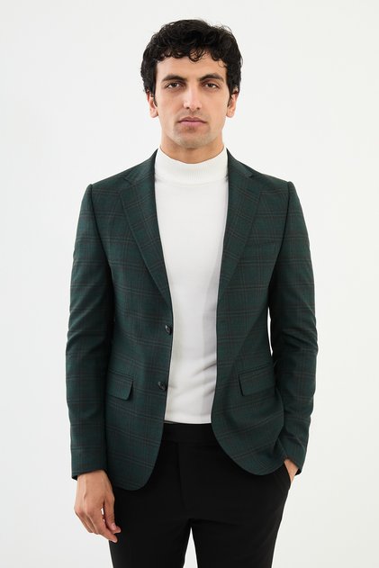 Plaid Slim Fit Mono Collar Classic Wool Men's Jacket Emerald - 41400.24K
