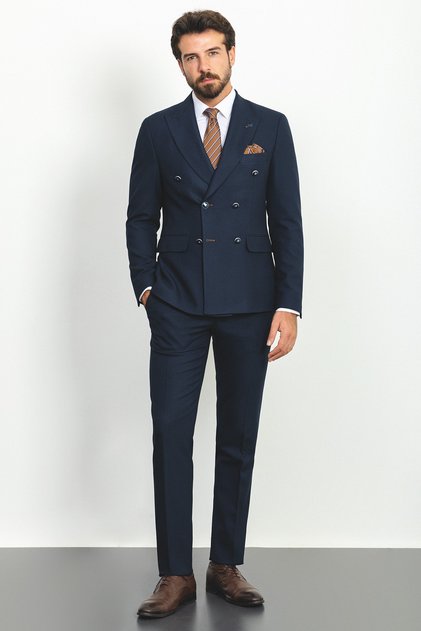 Solid Slim Fit Wide Collar Double-Breasted Wool Men's Suit Navy Blue - 45161.22K