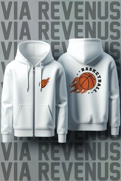 Basketball Front and Back Printed Unisex Zippered Hooded White Sweatshirt Cardigan