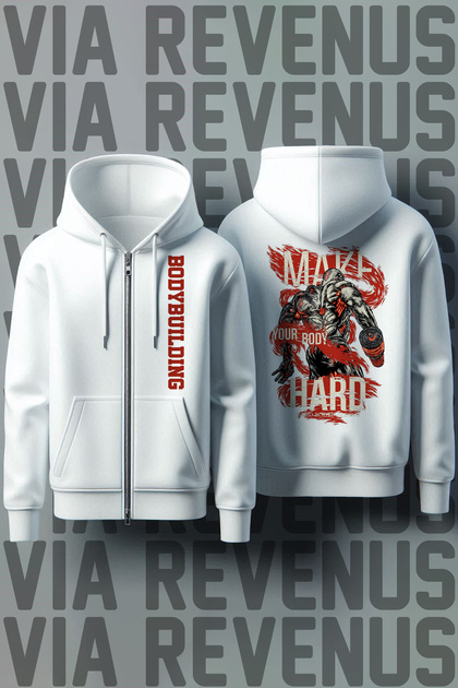 Body Building Front and Back Printed Unisex Zippered Hooded White Sweatshirt Cardigan