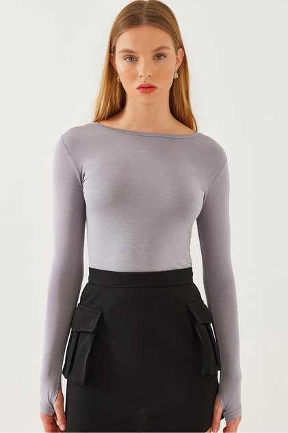 Women's Gray Boat Neck Finger Detail Lycra Blouse 0172 60351048