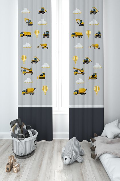 BABY AND KIDS ROOM Gray Road Patterned 2 Wing Background Curtain with Machinery