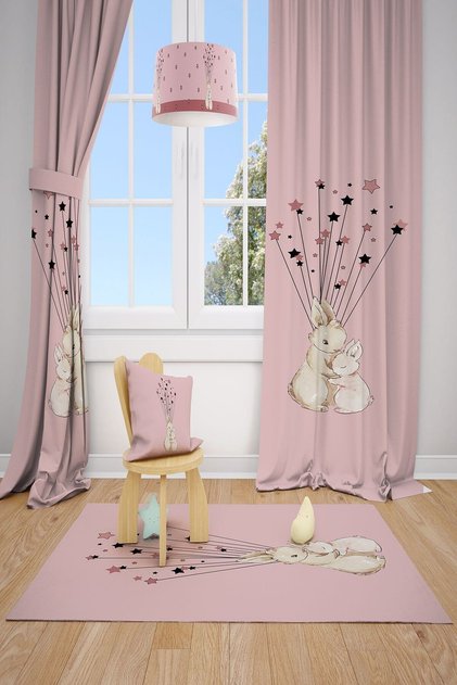 Pink Rabbits Children's and Baby's Room Background Curtain 2 Wings
