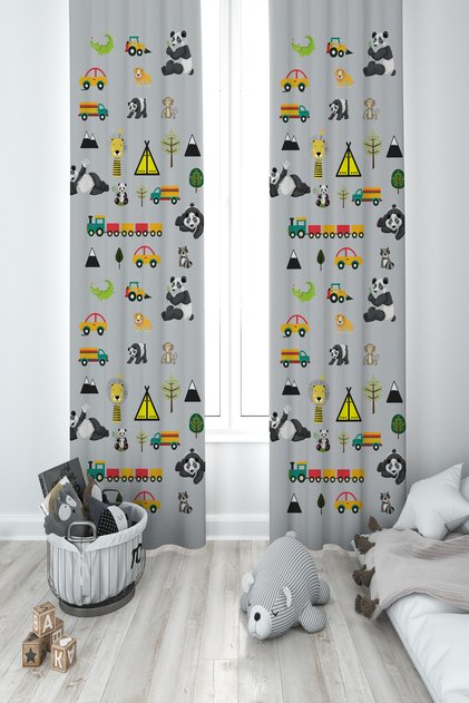 BABY AND CHILDREN'S ROOM Wheel Driveway Panda Patterned 2 Wing Background Curtain