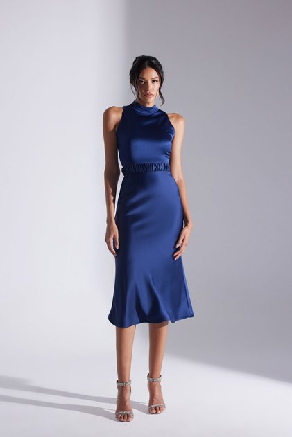 Si̇ena Sleeveless Dominant Collar Dark Blue Satin Night Dress