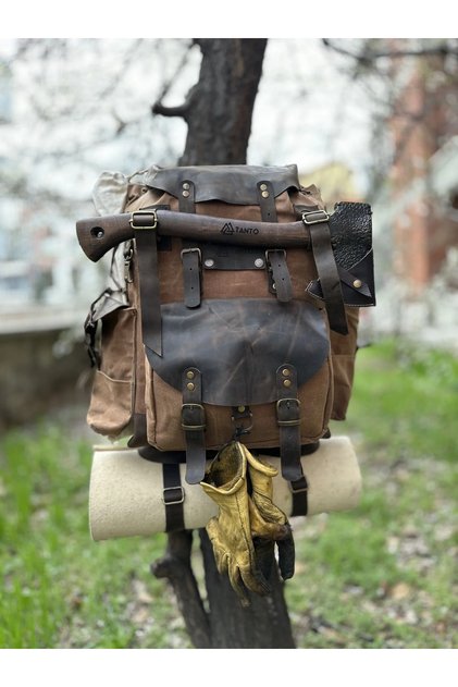 WildHiker Kahverengi Kamp Sırt Çantası 40+5L Mumlu Kanvas Gerçek Deri | Tanto Bushcraft