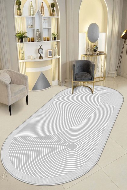 Machine Washable Non-Slip Base Stain Resistant Gray Oval Kitchen Carpet Living Room Carpet and Runner