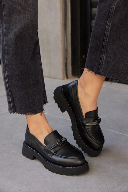 Lorita Black Genuine Leather Stoned Women's Loafer