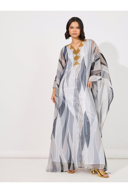 Abstract Print Georgette Farasha Kaftan with Handwork