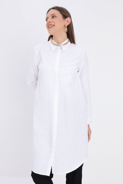 White Hidden Placket Cotton Shirt Tunic