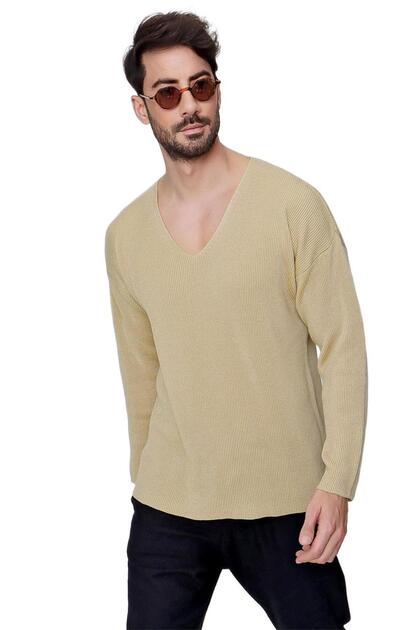 Men's V-Neck Cotton Loose Knitwear Sweater Brown 22sm212