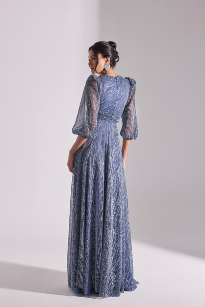 Betty & Sam Camela Simple Petrol Blue Balloon Sleeve Evening Dress- Trendyol