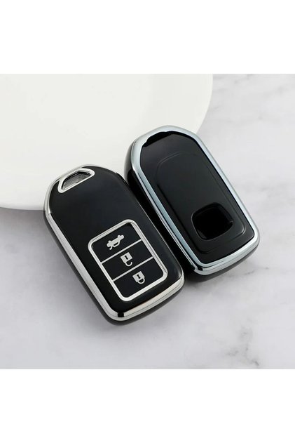 Honda Compatible Civic, Fc5, Hr-V, Cr-V, City Silver Edge Tpu Key Case Cover (Black)