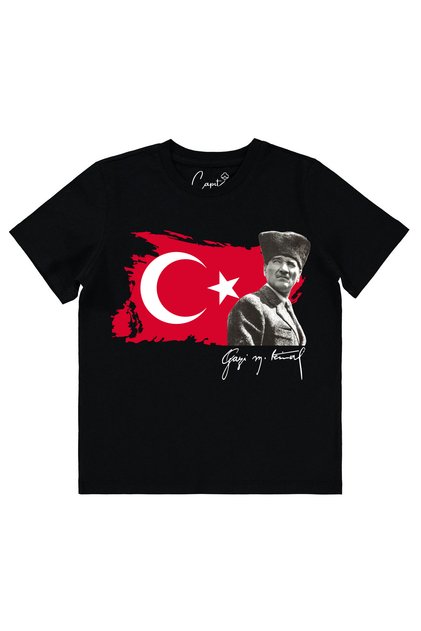 Zero Collar Short Sleeve Moon-Star Gazi M.Kemal Ataturk Printed Cotton/Black Children's T-Shirt