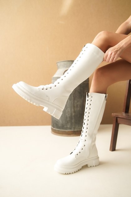 Duany White Lace up Side Zipper Daily Women's Boots