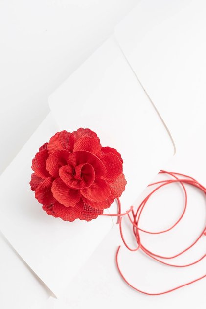 Flower Choker Necklace Linen Red Rose Serrated Design (120cm)