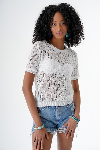 Women's Crew Neck Openwork Short Sleeve Knitwear Sweater White 24S167