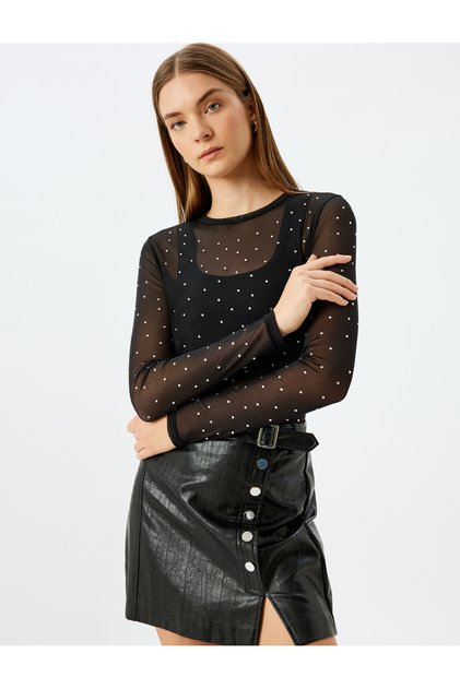 Long Sleeve Round Neck Slim Fit Rhinestone Tulle Sheer T-Shirt