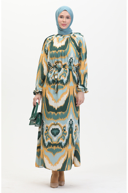 Patterned belted viscose dress 0501-07 emerald green oil