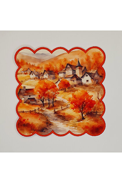 Watercolor Autumn Village Scenery Patterned Cocktail Napkin with Embroidered Edge