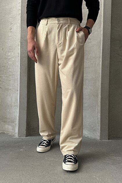 HYMAN Men's Pleated Baggy Fit Velvet Trousers- Trendyol