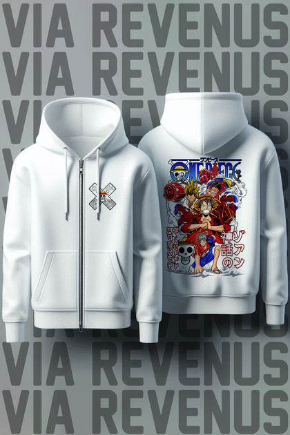 One Piece Front and Back Printed Unisex Zippered Hooded White Sweatshirt Cardigan