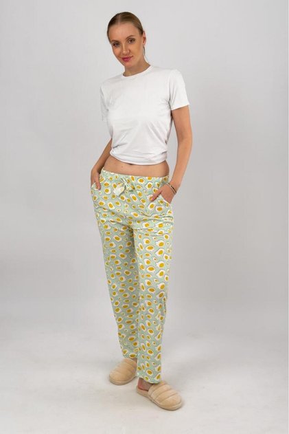 Women's Cotton Elastic Waist Ribbon Patterned Pajama Bottoms with Pockets Yellow Egg