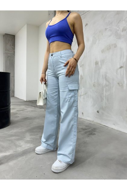 Baby Blue Cargo Pocket Lycra High Waist Wide Leg Trousers
