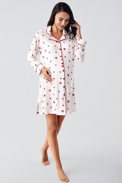 Thermal Long Sleeve Buttoned Heart Print Stretchy Soft Textured Maternity Nightgown