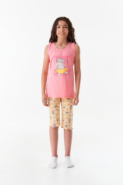 Cat Printed Crew Neck Girl's Pajamas Set
