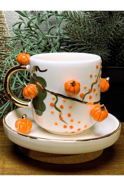 Pumpkin Embossed Mug, 24 Carat Gold Decorated, 100% Handmade, Gift Halloween Mug 200 ml