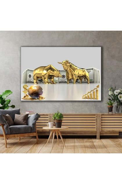 Altın Boğa Ve Ayı Borsa Ekonomi Finans Dolar Altın Dünya Gold Lüks Dekor Yatay Baskı Kanvas Tablo