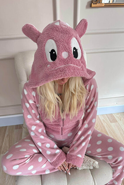 Pijamaevi Pembe Puantiye Desenli Kadın Polar Peluş Tulum Pijama