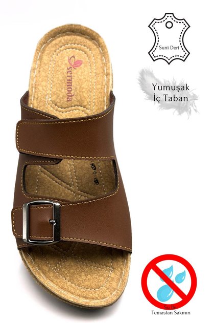 Velcro and Buckle Double Tape Light Sole Faux Leather Men's Slippers 521/5 Tan