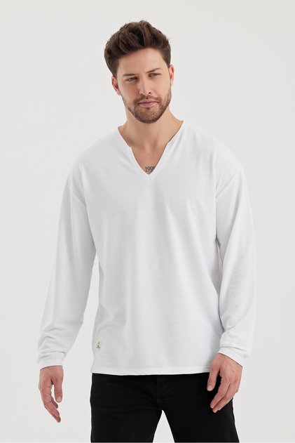 2 İplik Derin Yaka Uzun Kollu Sweattshirt