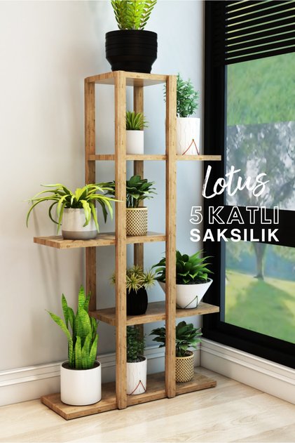 Lotus Atlantik Çam Ahşap 5 Katlı Çiçeklik, Saksılık, Çiçek Standı, Dekoratif Raf-çok Amaçlı Kullanım