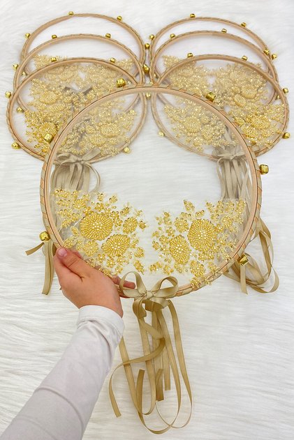 Vip Appliqued Bridal Tambourine Gold, Bridesmaid Wedding Henna Night Circumcision Bachelorette Bride with Bell 30cm 1 Piece