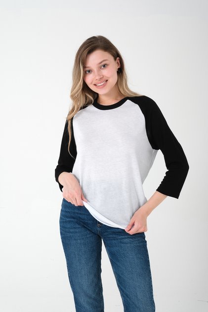 Women's Black and White Raglan Sleeve T-Shirt - 3/4 Sleeve