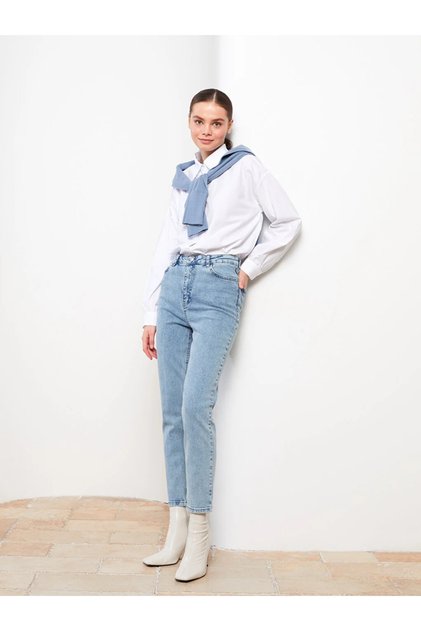 Bt11908793 Jeans Blue Snow Wash High Waist Mom Boyfriend Pants