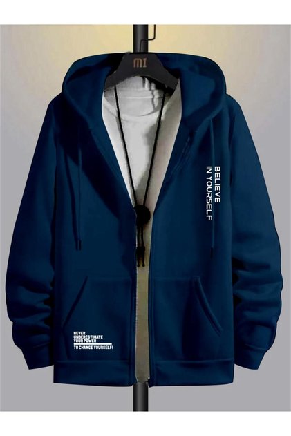 Men's Petrol Blue Believe Print Hooded Oversized Cardigan