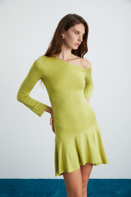 Glenis Women's Viscose Stretch Fabric Boat Neck Fitted Skirt with Flared and Asymmetrical Green Dress